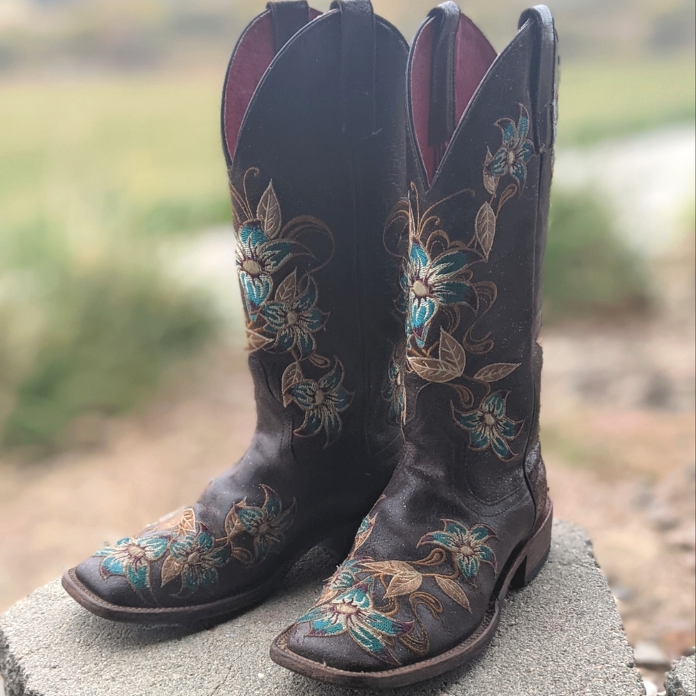 MACIE BEAN M9034 Glitterific brown leather floral embroidery cowgirl boots sz 6 - Picture 9 of 16